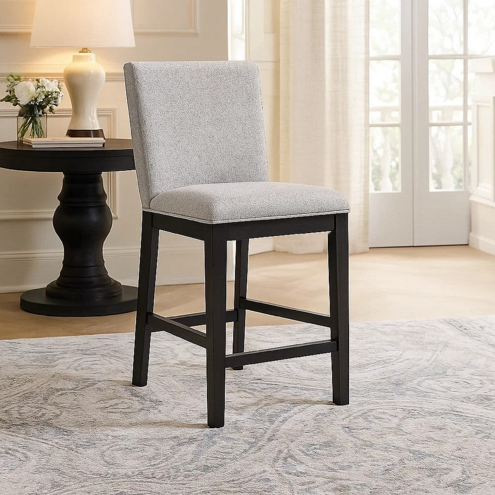 Benjara Nea Counter Stool Chair Set of 2, Gray Polyester, Dark Brown Wood Frame