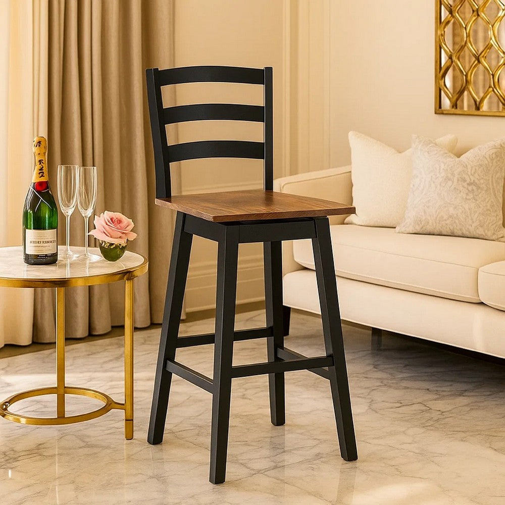 Benjara Fleur Swivel Barstool Chair Set of 2, Butcher Block Seat, Black Frame