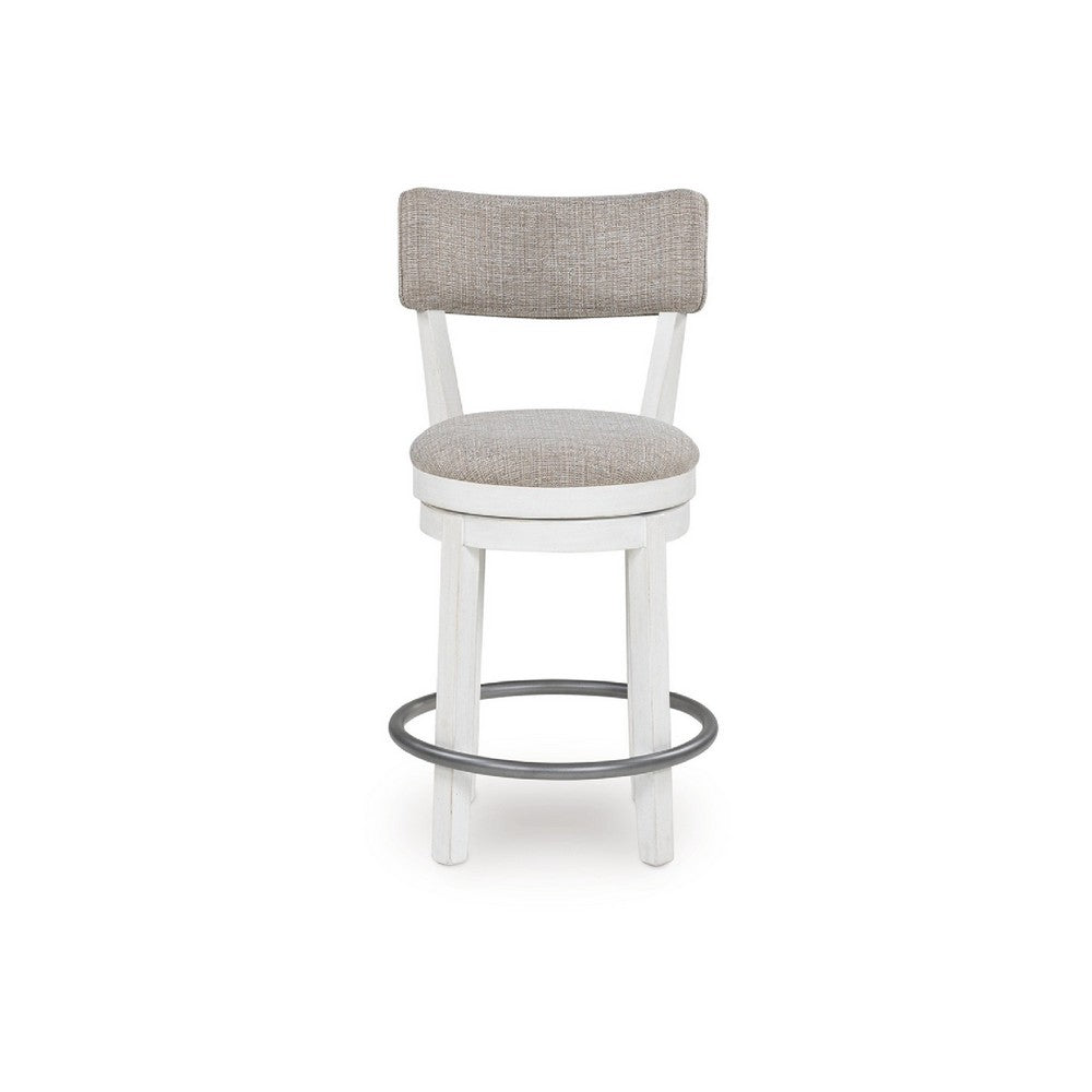 Benjara Lea Swivel Counter Stool Chair Set of 2, Gray Padded Seats, Antique White