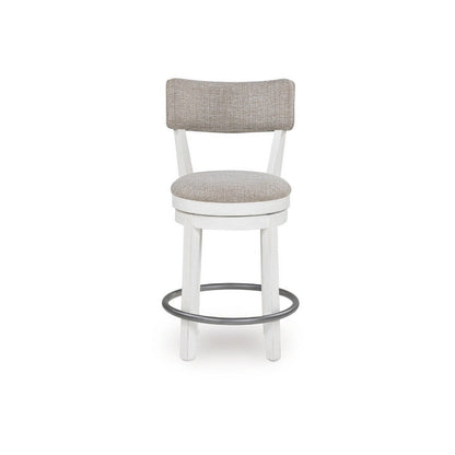 Benjara Lea Swivel Counter Stool Chair Set of 2, Gray Padded Seats, Antique White