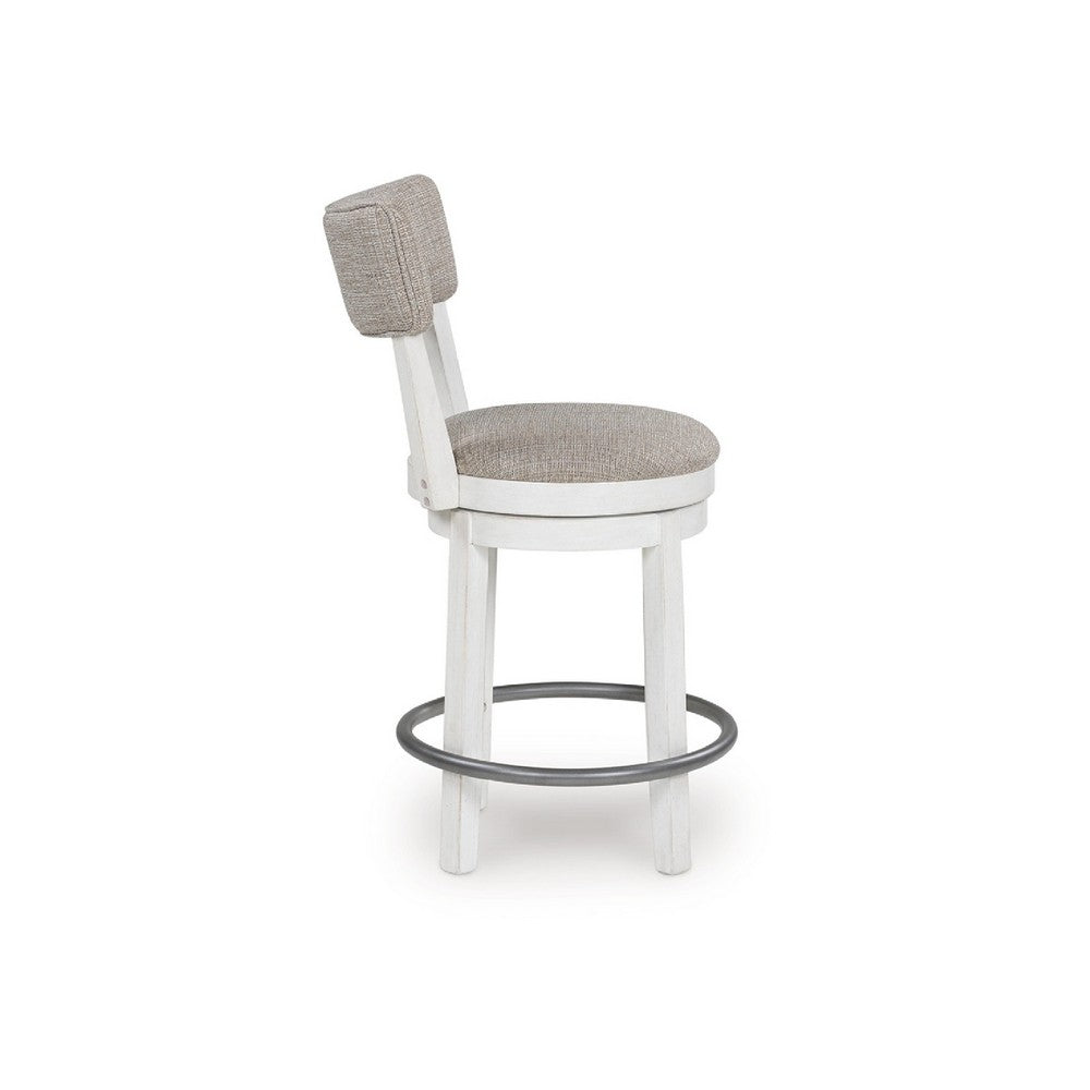 Benjara Lea Swivel Counter Stool Chair Set of 2, Gray Padded Seats, Antique White