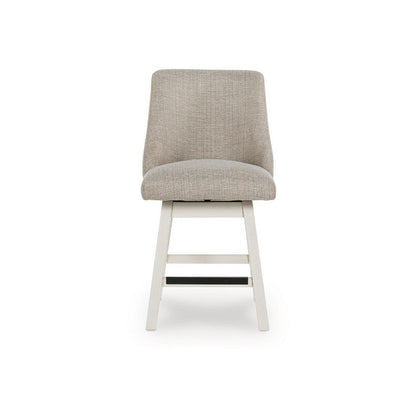Benjara Lea Swivel Counter Stool Chair Set of 2, Gray Sloped Armrests, Antique White