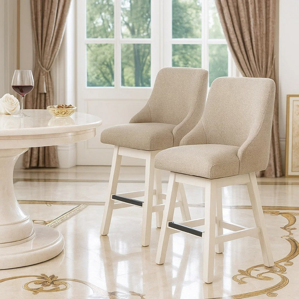 Benjara Lea Swivel Counter Stool Chair Set of 2, Gray Sloped Armrests, Antique White