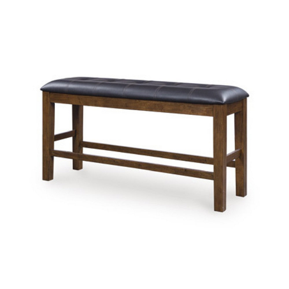Benjara Raly Counter Height Bench, 50 Inch Black Faux Leather Padded, Brown Wood
