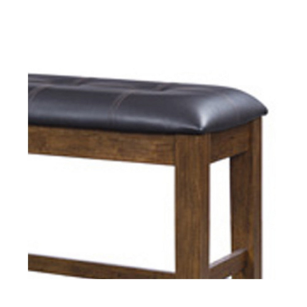 Benjara Raly Counter Height Bench, 50 Inch Black Faux Leather Padded, Brown Wood