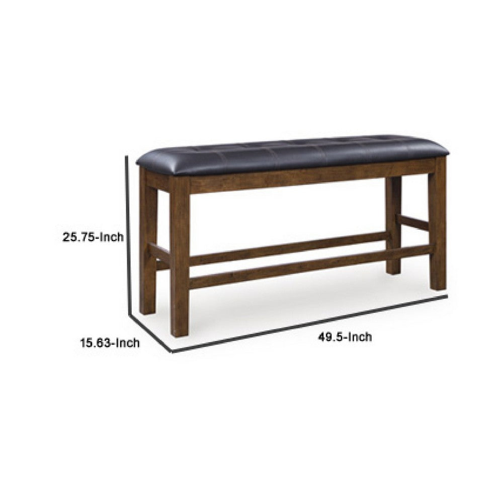 Benjara Raly Counter Height Bench, 50 Inch Black Faux Leather Padded, Brown Wood
