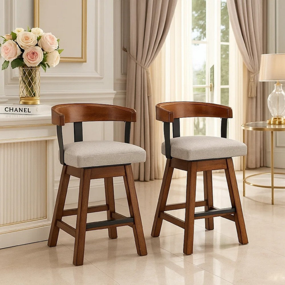 Benjara Raly Swivel Counter Stool Chair, Gray Padded Seat And Curved Backs, Brown