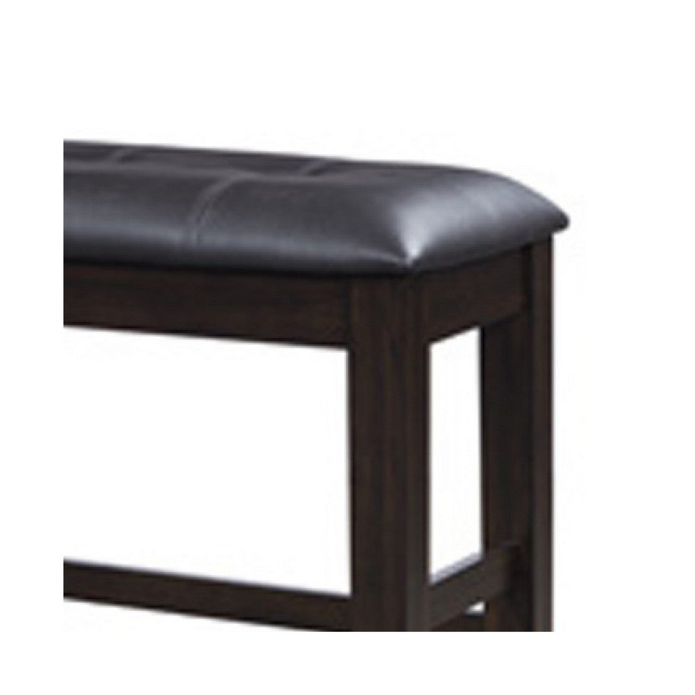 Benjara Hado Counter Height Bench, 50 Inch Black Faux Leather Padded, Brown Wood