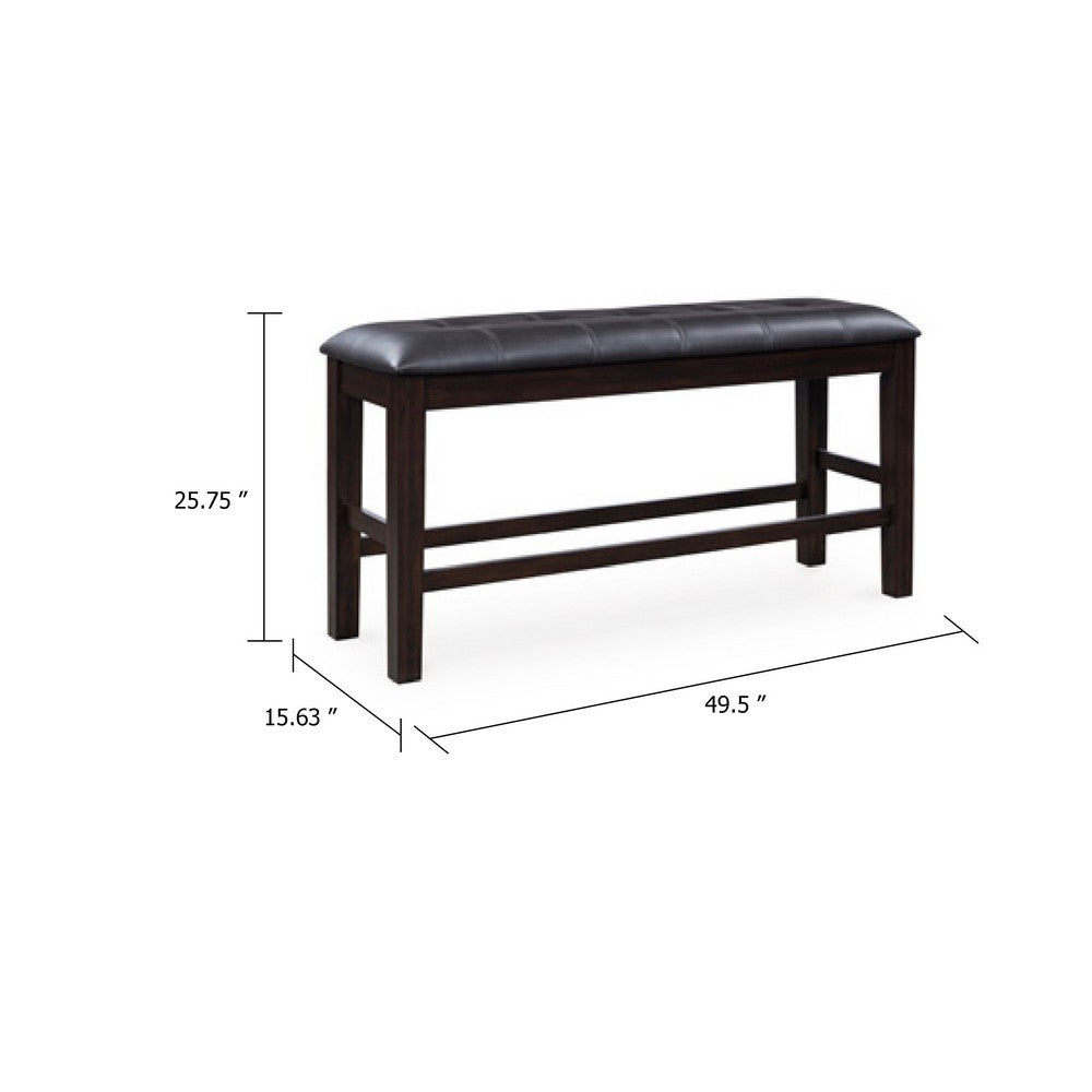 Benjara Hado Counter Height Bench, 50 Inch Black Faux Leather Padded, Brown Wood