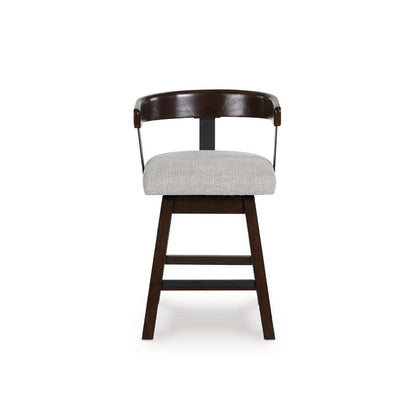 Benjara Hado Swivel Counter Stool Chair, Gray Padded Seat, Curved, Dark Brown
