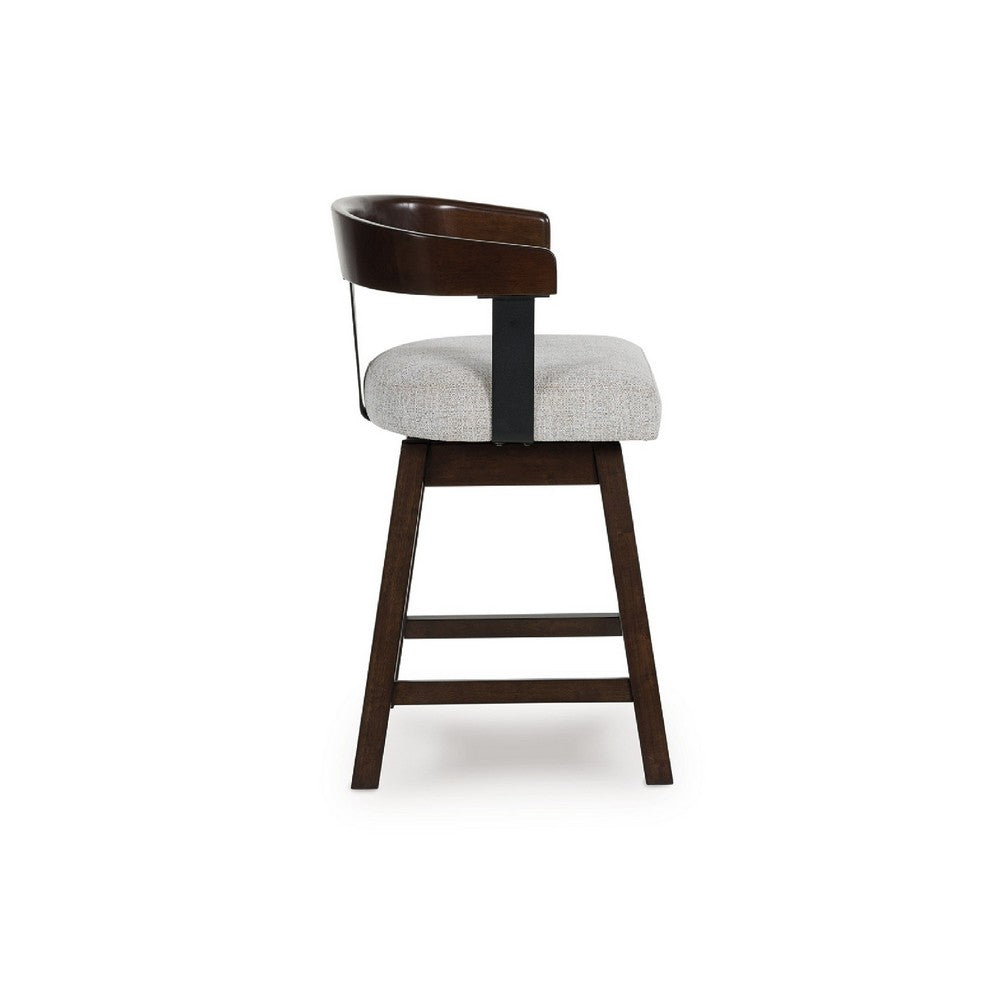 Benjara Hado Swivel Counter Stool Chair, Gray Padded Seat, Curved, Dark Brown