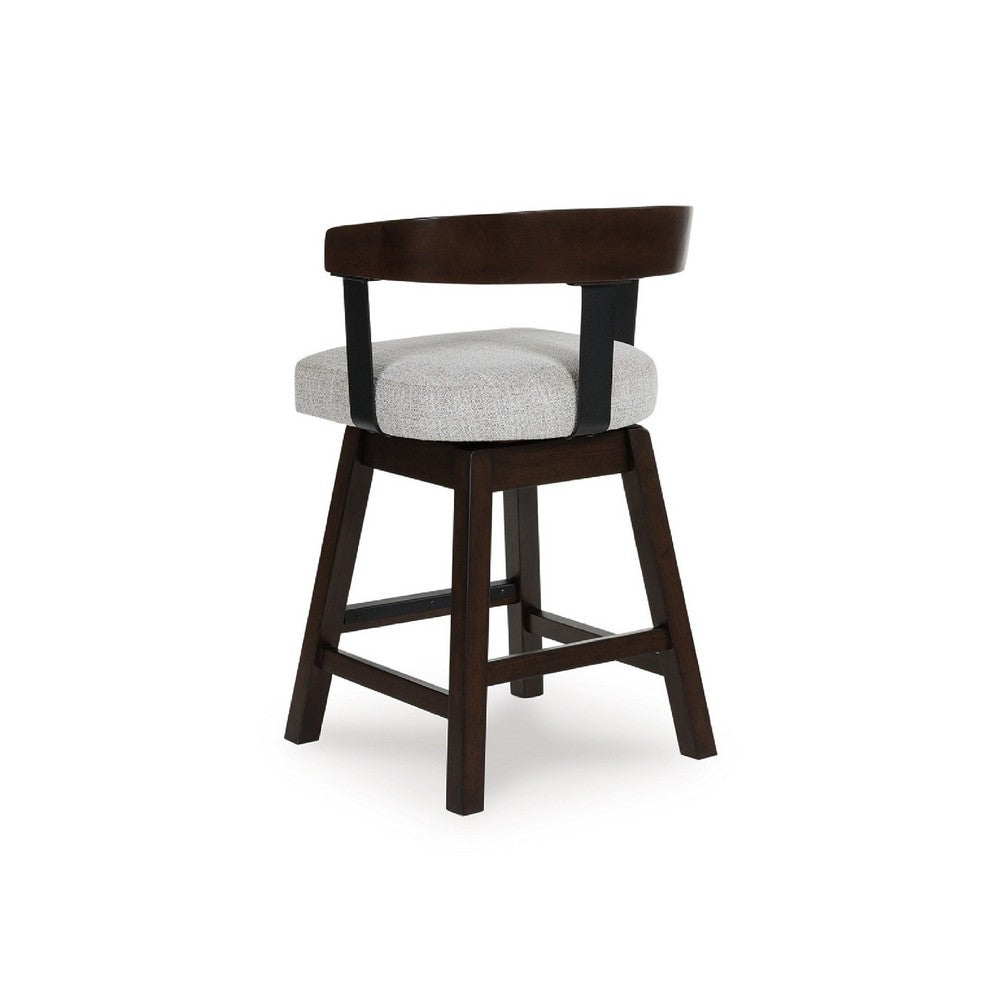 Benjara Hado Swivel Counter Stool Chair, Gray Padded Seat, Curved, Dark Brown