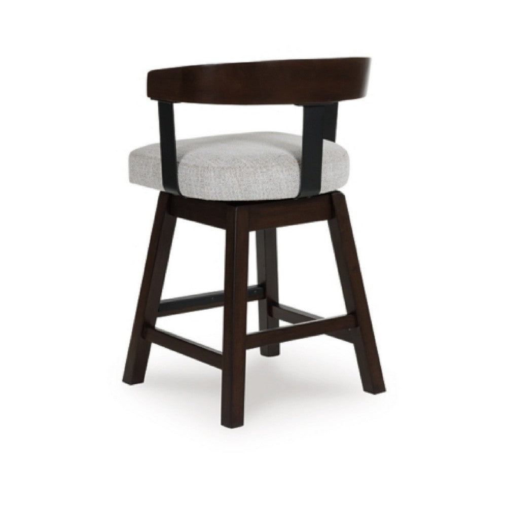 Benjara Hado Swivel Counter Stool Chair, Gray Padded Seat, Curved, Dark Brown