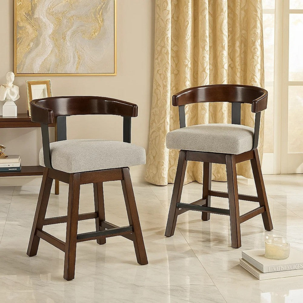 Benjara Hado Swivel Counter Stool Chair, Gray Padded Seat, Curved, Dark Brown