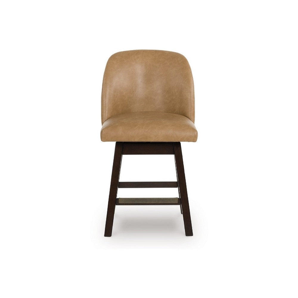 Benjara Nea Swivel Counter Stool Chair Set of 2, Warm Brown Faux Leather