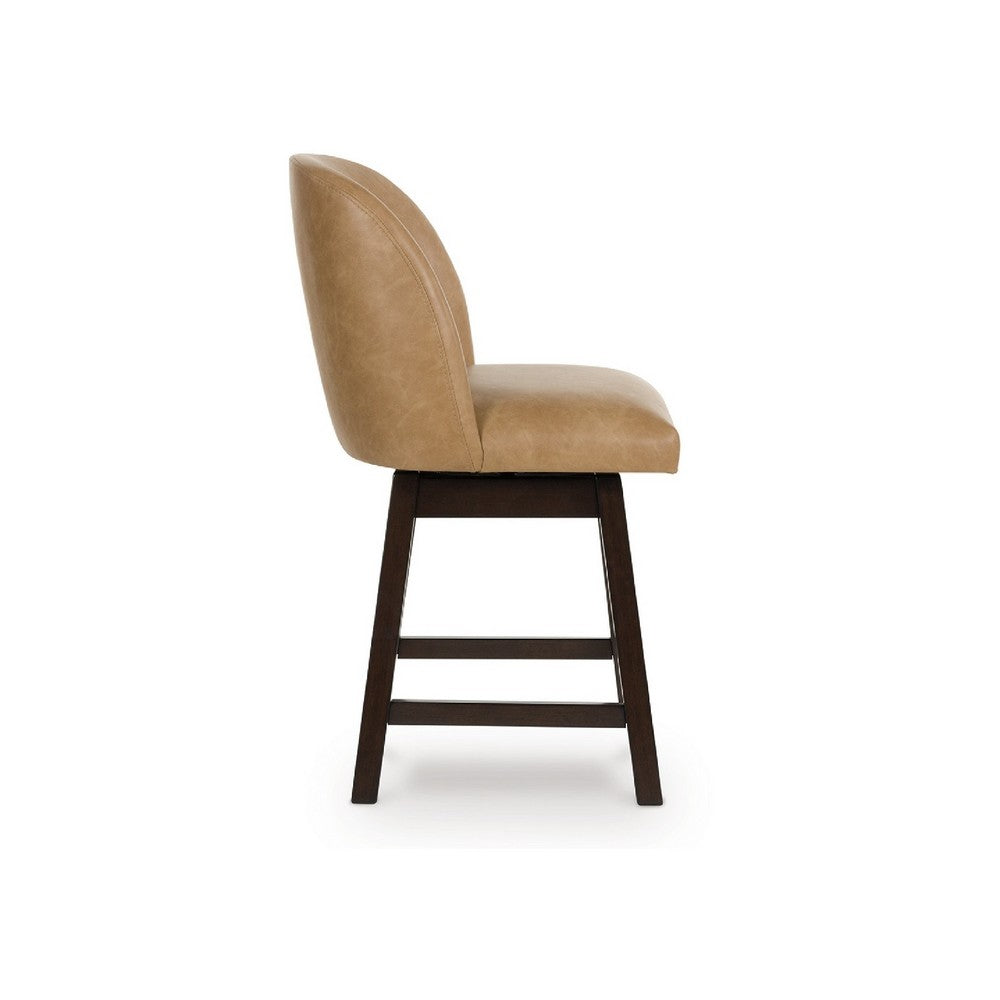 Benjara Nea Swivel Counter Stool Chair Set of 2, Warm Brown Faux Leather