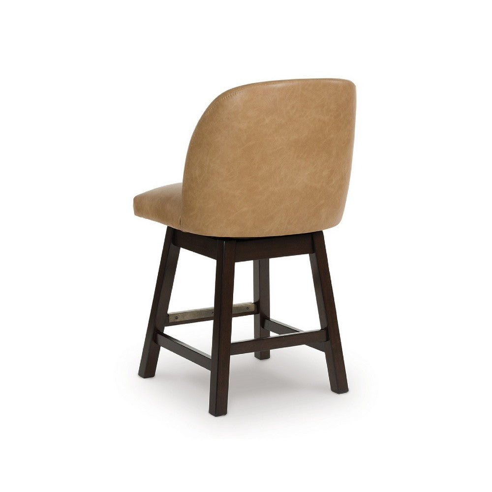 Benjara Nea Swivel Counter Stool Chair Set of 2, Warm Brown Faux Leather