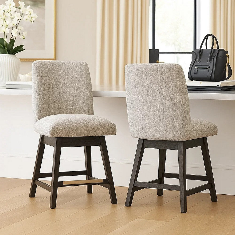 Benjara Haus Swivel Counter Height Chair Set of 2, Beige Foam Seats, Dark Brown
