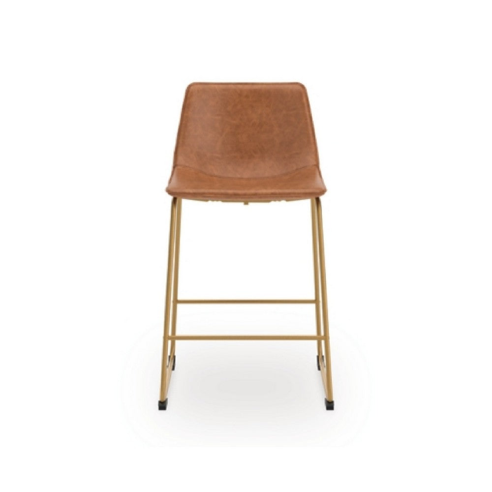 Benjara Cia Counter Height Chair Set of 2, Bucket Faux Leather Seat, Gold Legs