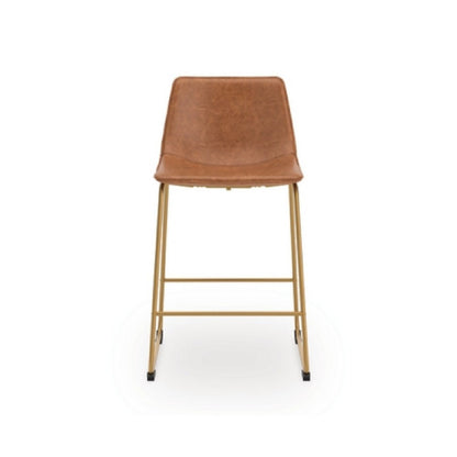 Benjara Cia Counter Height Chair Set of 2, Bucket Faux Leather Seat, Gold Legs
