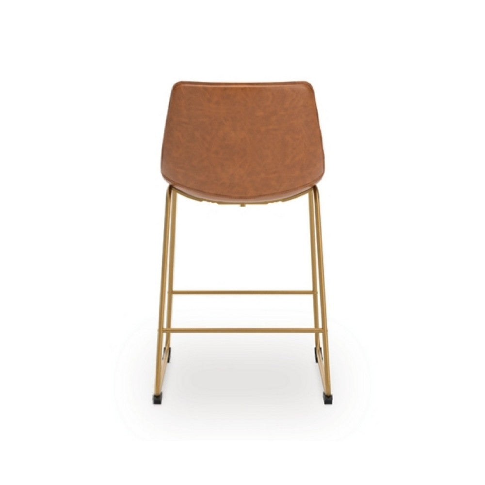 Benjara Cia Counter Height Chair Set of 2, Bucket Faux Leather Seat, Gold Legs