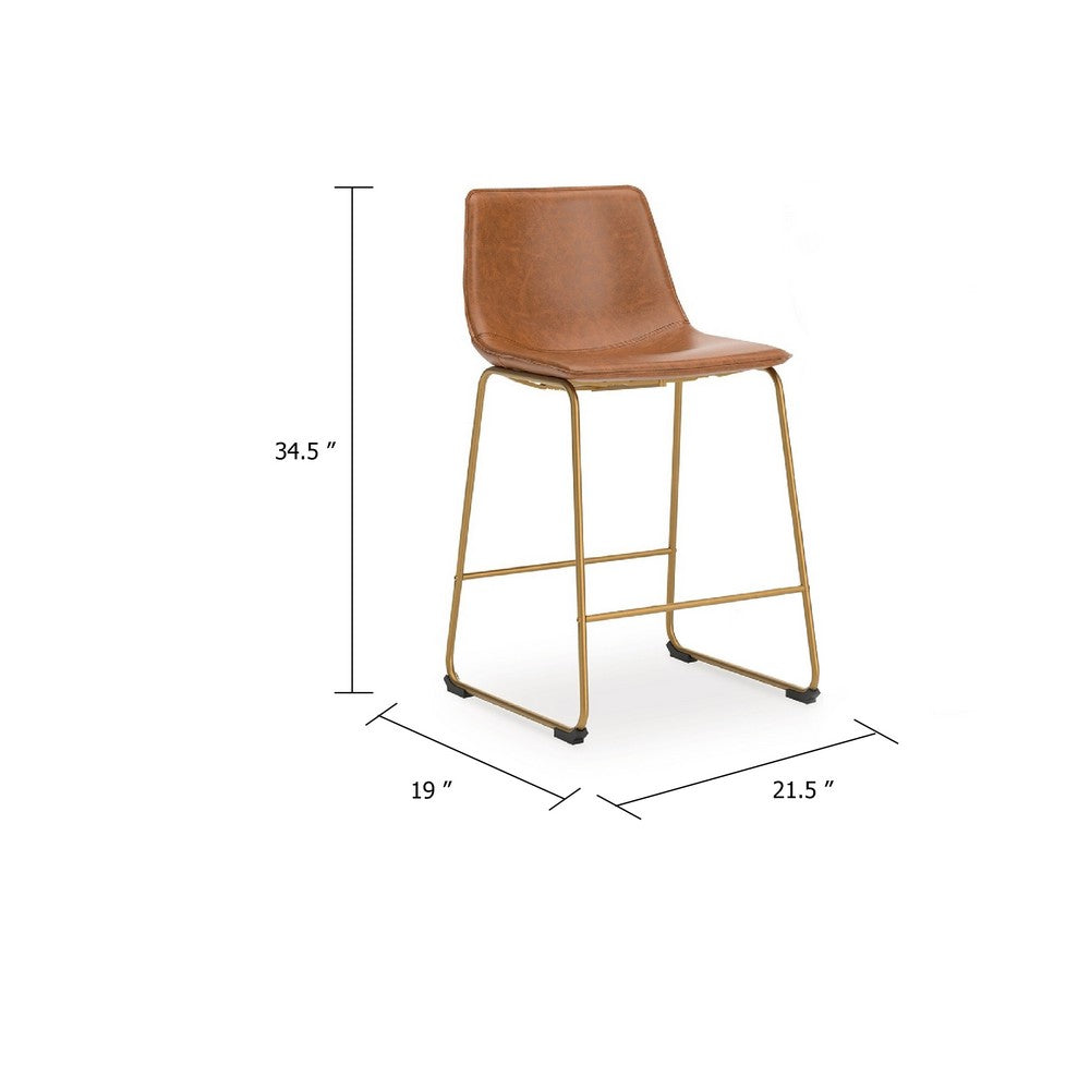 Benjara Cia Counter Height Chair Set of 2, Bucket Faux Leather Seat, Gold Legs
