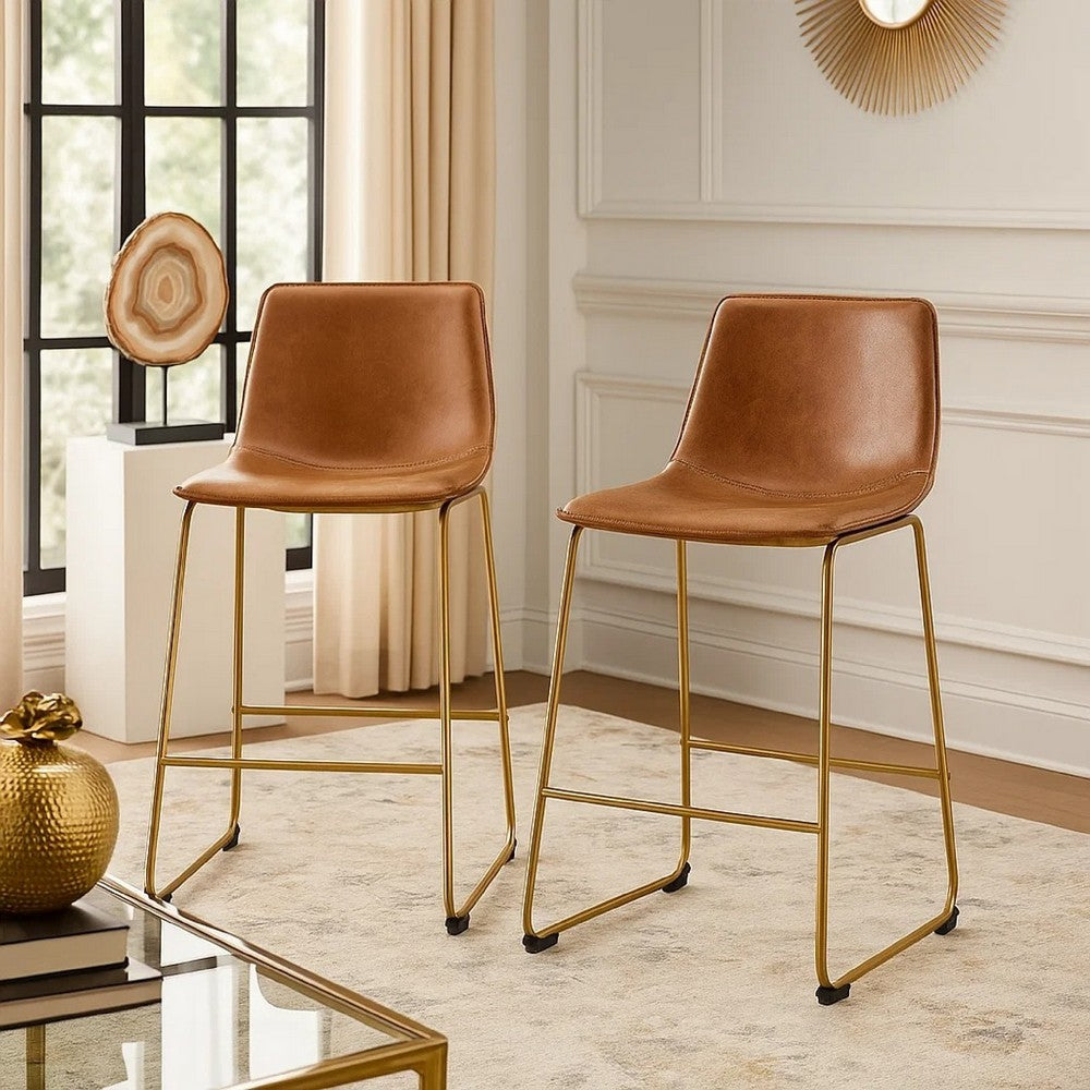 Benjara Cia Counter Height Chair Set of 2, Bucket Faux Leather Seat, Gold Legs