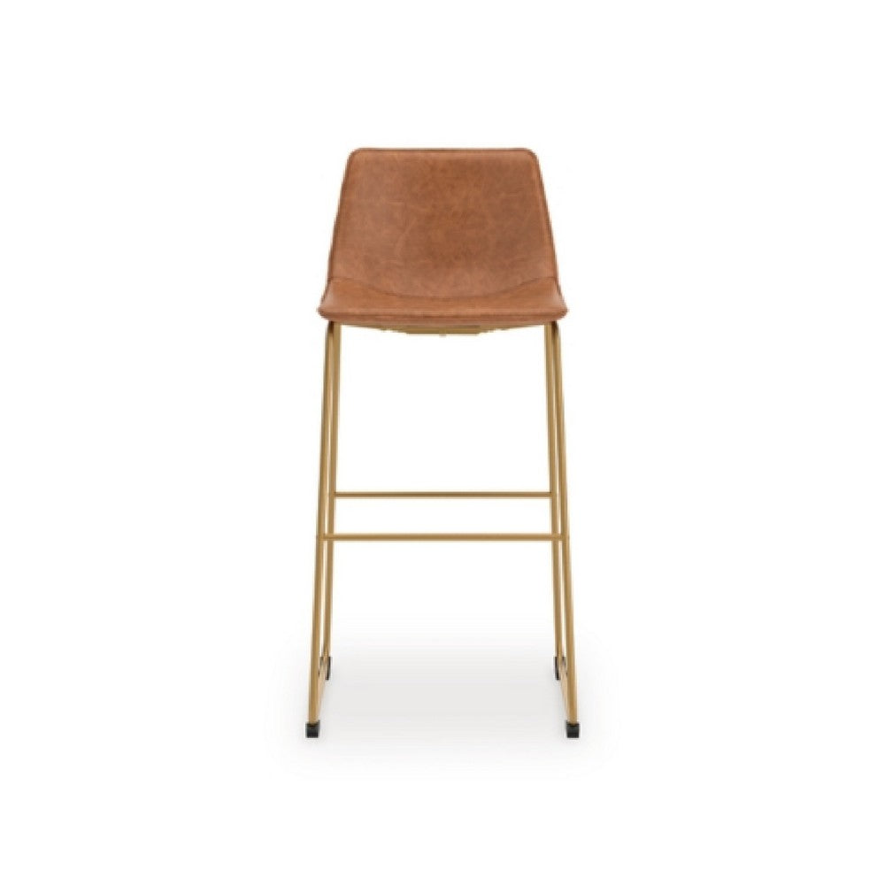 Benjara Cia Tall Barstool Chair Set of 2, Bucket Faux Leather Seat, Gold Legs