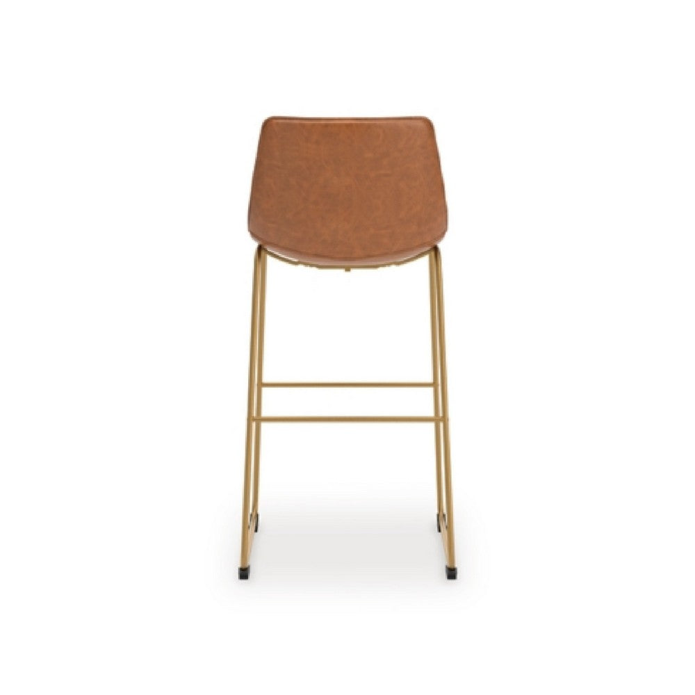 Benjara Cia Tall Barstool Chair Set of 2, Bucket Faux Leather Seat, Gold Legs