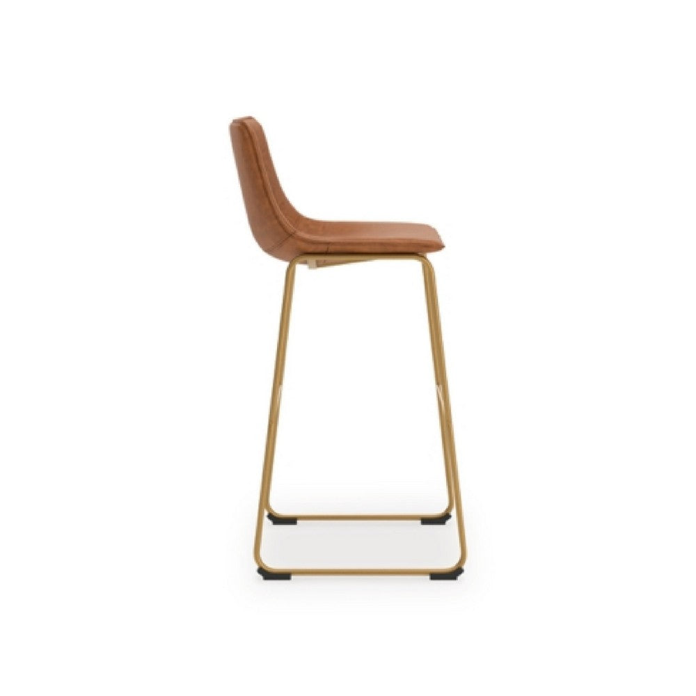 Benjara Cia Tall Barstool Chair Set of 2, Bucket Faux Leather Seat, Gold Legs