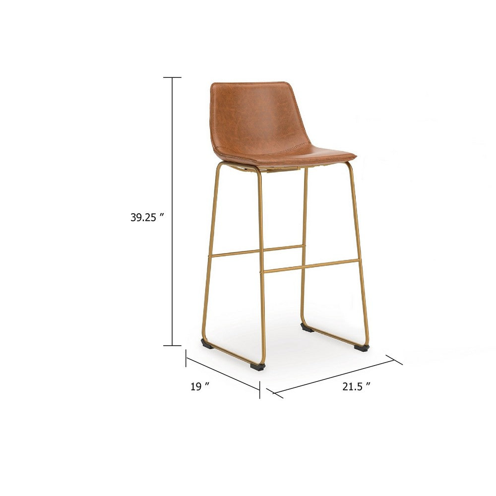 Benjara Cia Tall Barstool Chair Set of 2, Bucket Faux Leather Seat, Gold Legs