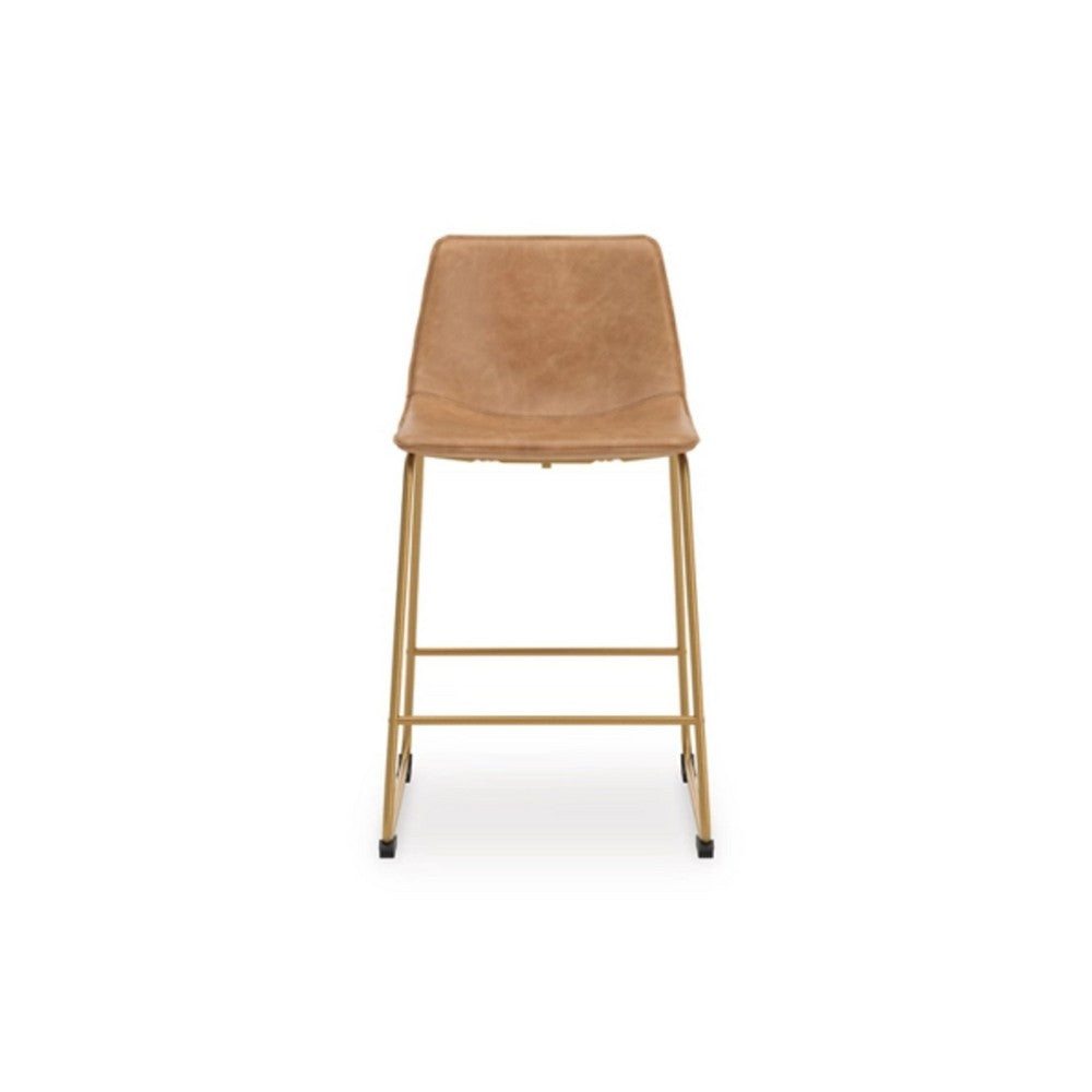 Benjara Cia Counter Height Chair Set of 2, Toast Brown Bucket Faux Leather Seat