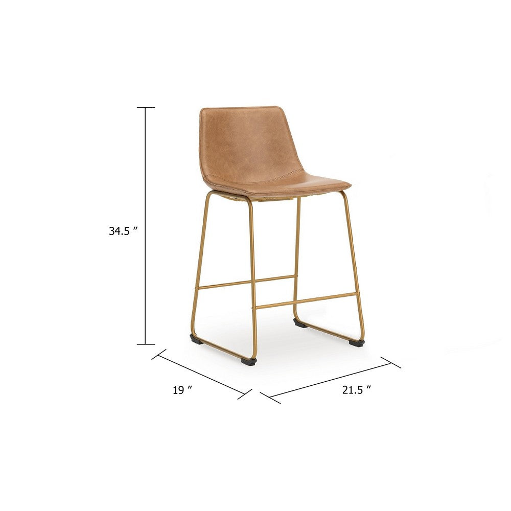 Benjara Cia Counter Height Chair Set of 2, Toast Brown Bucket Faux Leather Seat