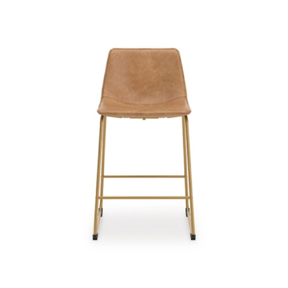Benjara Cia Tall Barstool Chair Set of 2, Toast Brown Bucket Faux Leather Seat