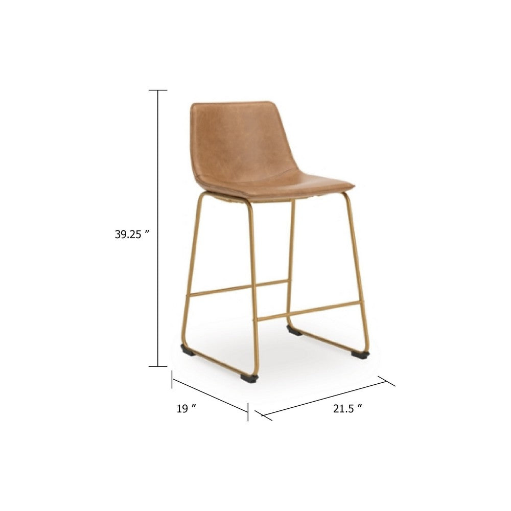 Benjara Cia Tall Barstool Chair Set of 2, Toast Brown Bucket Faux Leather Seat