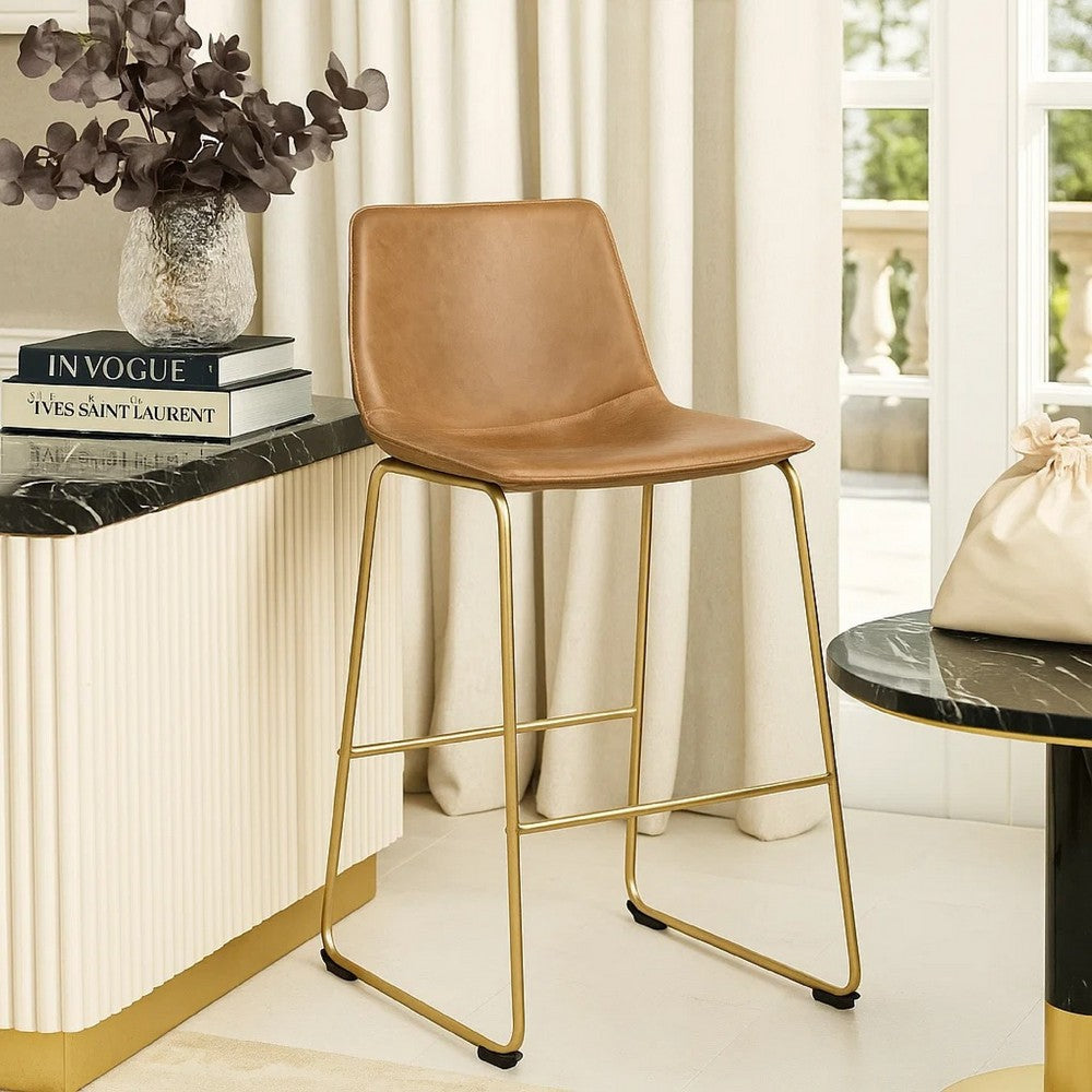 Benjara Cia Tall Barstool Chair Set of 2, Toast Brown Bucket Faux Leather Seat