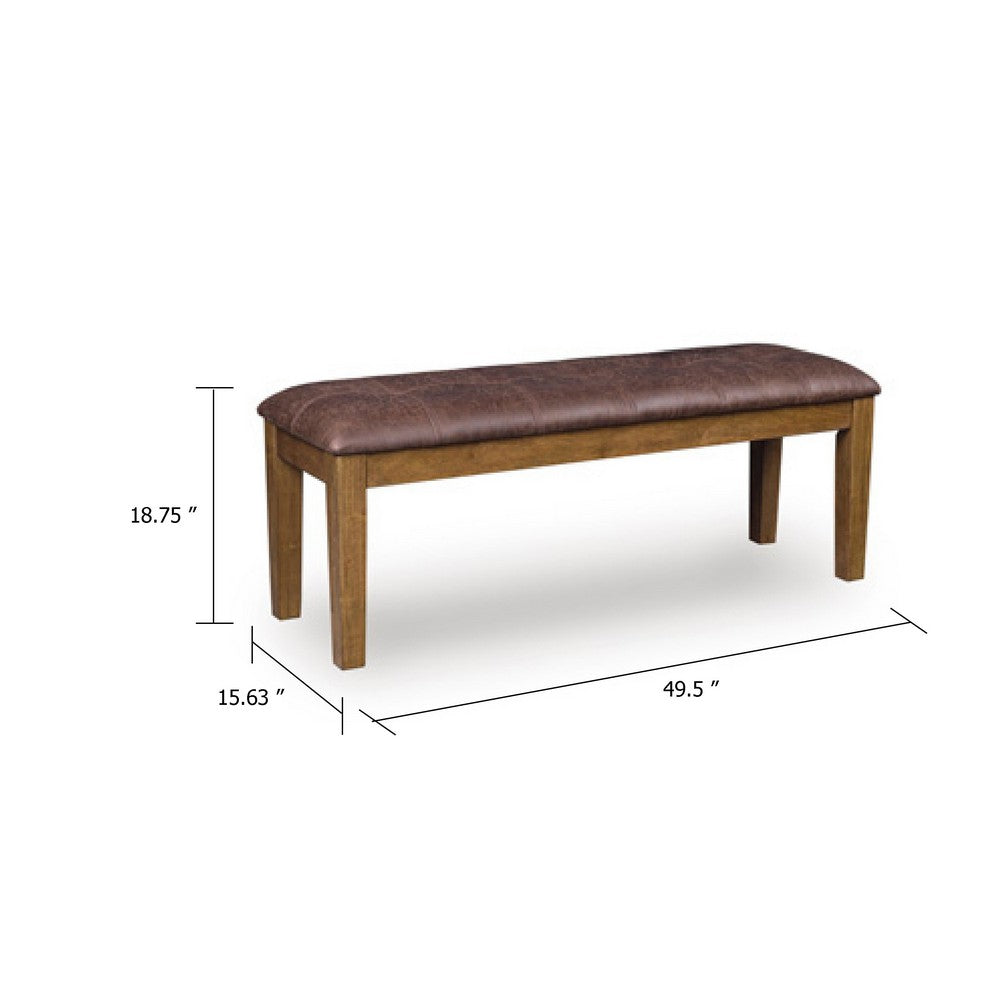 Benjara Fori Dining Bench, 50 Inch Faux Leather Seat, Light Brown Tapered Legs