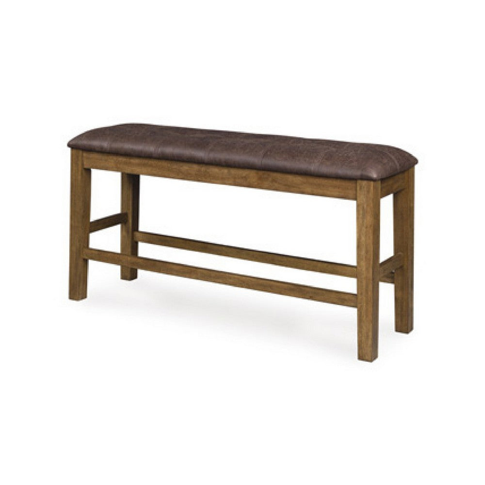 Benjara Fori Counter Height Bench, 50 Inch Faux Leather Seat, Light Brown Legs