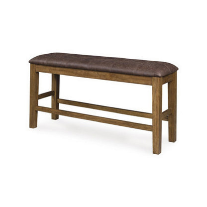 Benjara Fori Counter Height Bench, 50 Inch Faux Leather Seat, Light Brown Legs