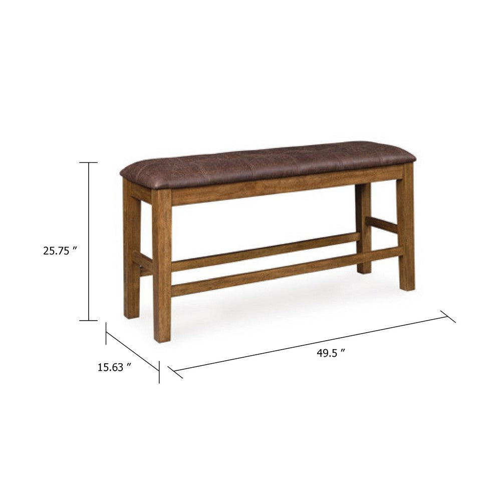 Benjara Fori Counter Height Bench, 50 Inch Faux Leather Seat, Light Brown Legs
