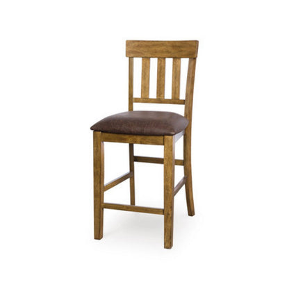 Benjara Fori Barstool Chair Set of 2, Faux Leather Seats, Light Brown Legs