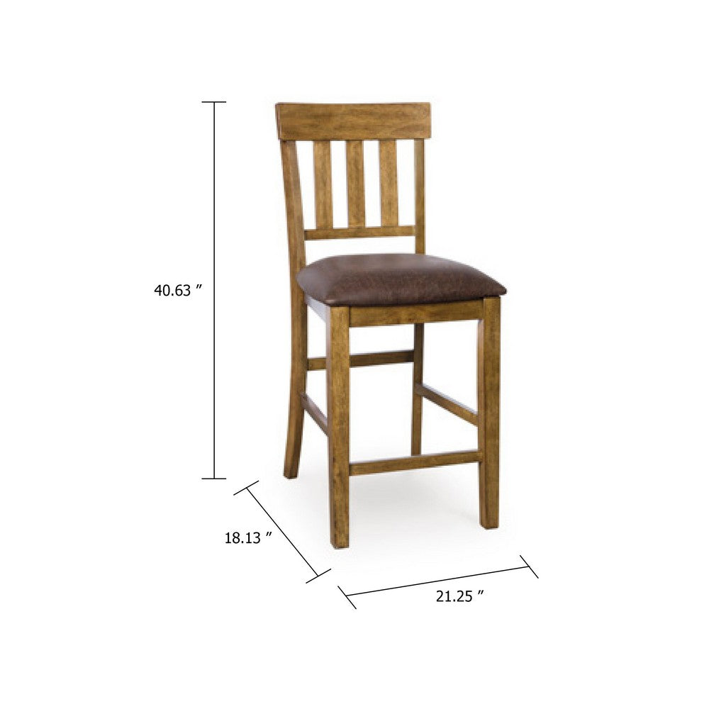 Benjara Fori Barstool Chair Set of 2, Faux Leather Seats, Light Brown Legs