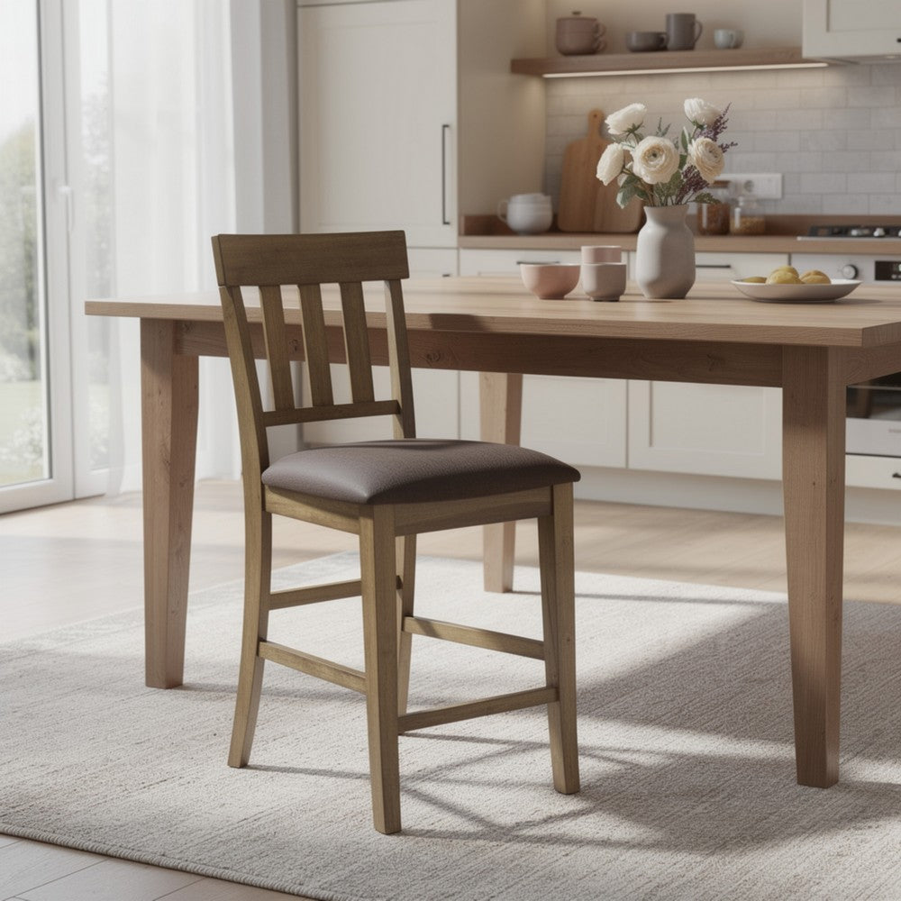 Benjara Fori Barstool Chair Set of 2, Faux Leather Seats, Light Brown Legs