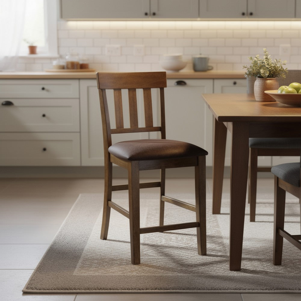 Benjara Fori Barstool Chair Set of 2, Faux Leather Seats, Light Brown Legs