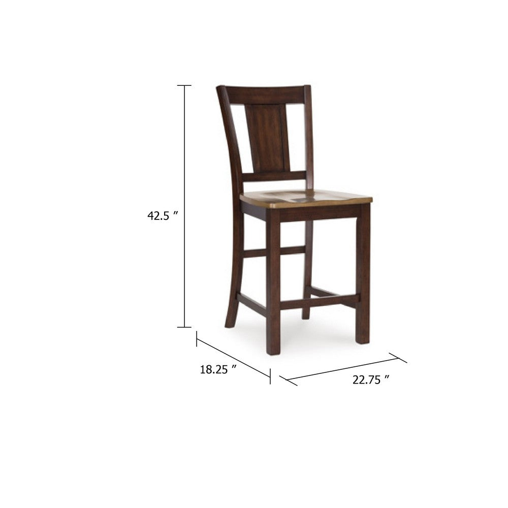 Benjara Rex Counter Height Chair Set of 2, Light Brown Plank Seat, Dark Brown