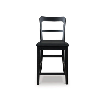 Benjara Gela Counter Stool Chair Set of 2, Stylized Ladder Back, Plank Seat, Black