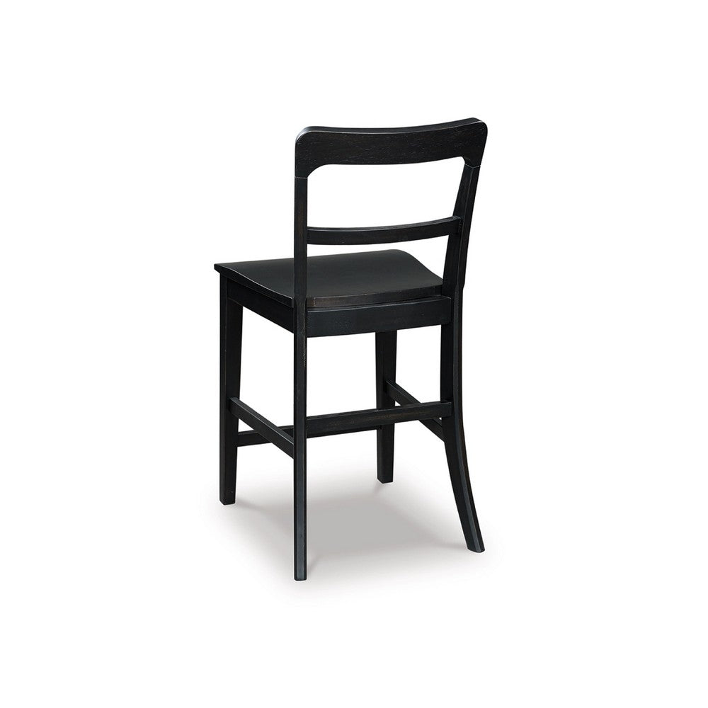 Benjara Gela Counter Stool Chair Set of 2, Stylized Ladder Back, Plank Seat, Black