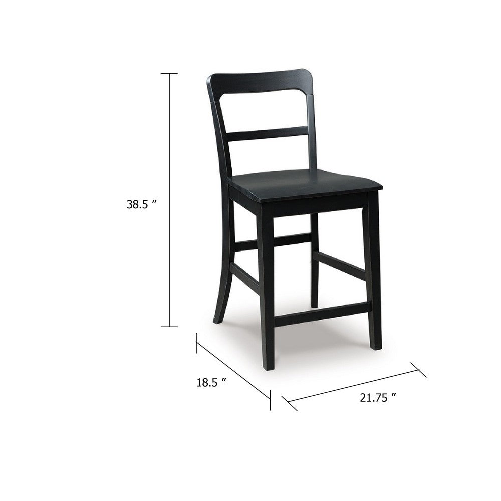 Benjara Gela Counter Stool Chair Set of 2, Stylized Ladder Back, Plank Seat, Black