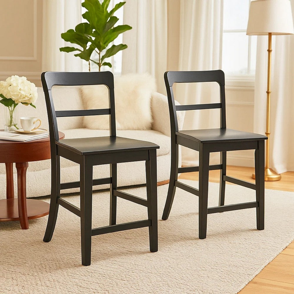 Benjara Gela Counter Stool Chair Set of 2, Stylized Ladder Back, Plank Seat, Black