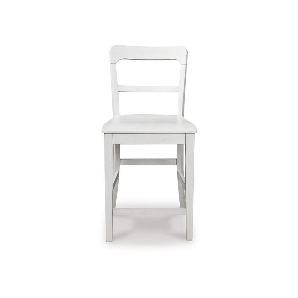 Benjara Gela Counter Stool Chair Set of 2, Stylized Ladder Back, Plank Seat, White